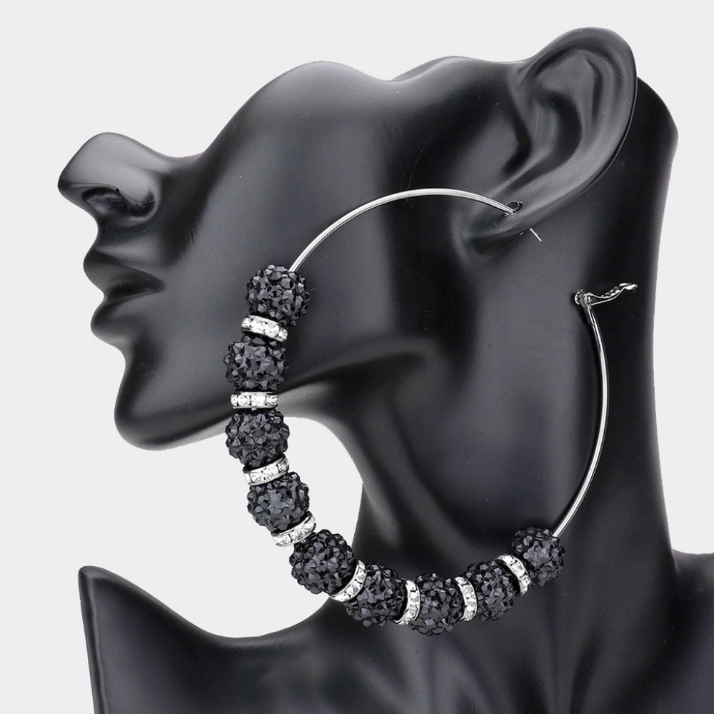Black Shamballa 3.8" Disco Beads Hoop Earrings Cute Fashion Statement Jewelry
